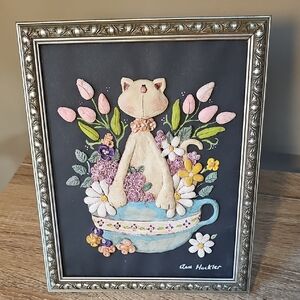 Ann Hackler Clay Floral Cat Art in Silver Frame